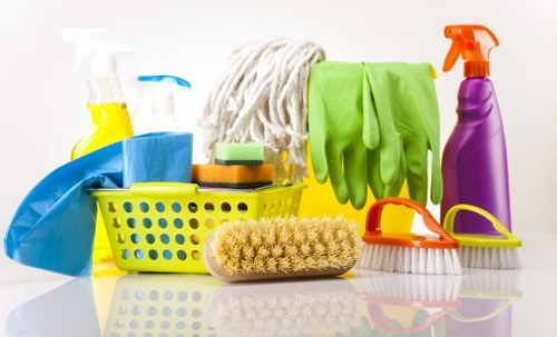 Cleaners E2 following safe working practices in a professional cleaning setting